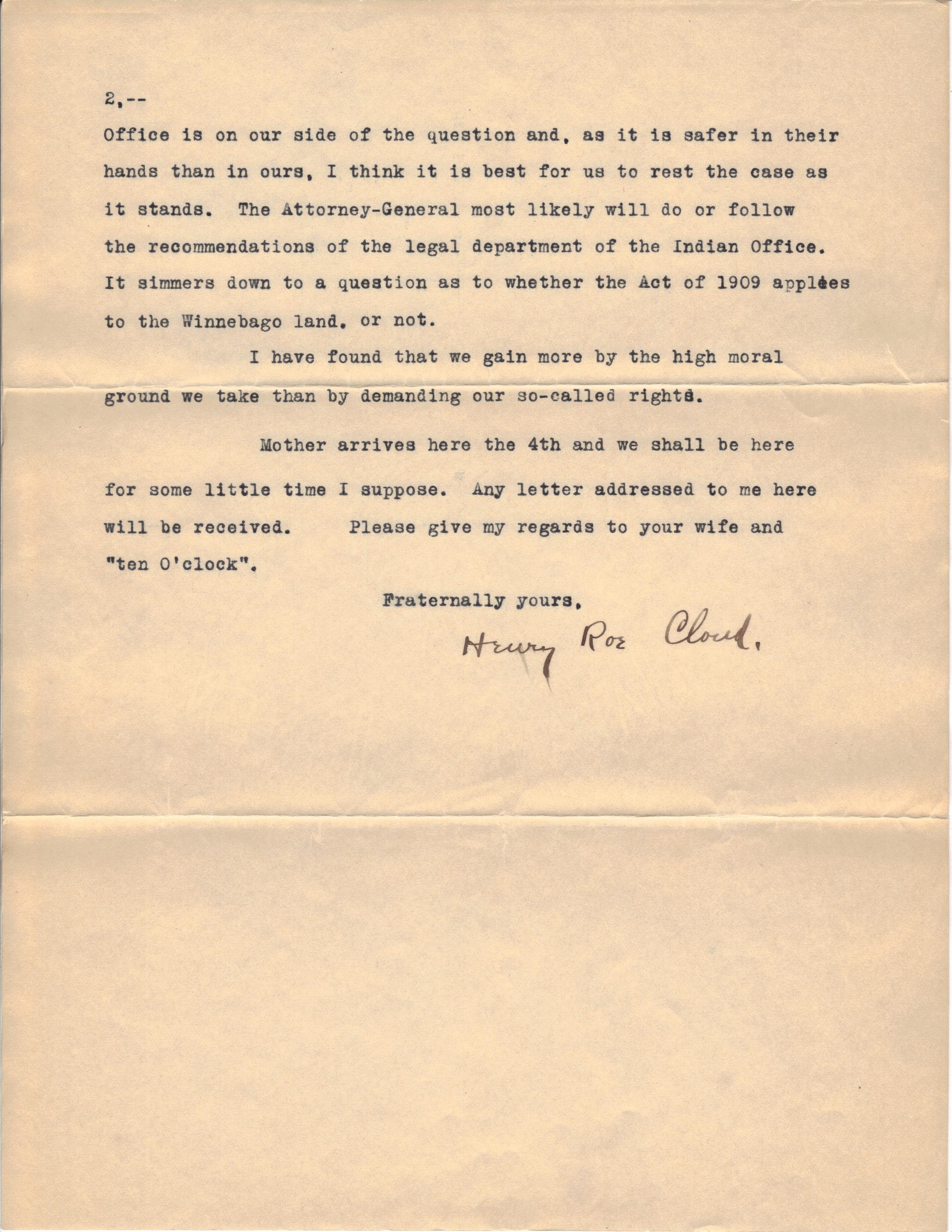 November 1, 1913: Communication, Henry Roe Cloud to Mr. Watermulder (2)